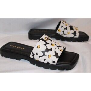 $125 COACH Womens Florence Printed C Lug-Sole Slip-On Slide Flat Sandals Black
